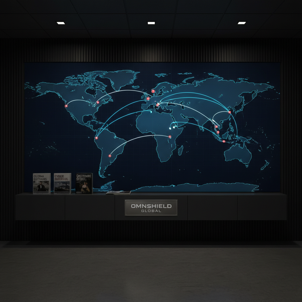 A large, wall-mounted digital world map in deep midnight blue with crisp, illuminated outlines of continents, overlaid by glowing vector arcs, location markers, and subtle grid lines representing global security networks. Below the map, a low, minimalist console in matte charcoal supports neatly stacked defence magazines and a single, discrete metallic plaque engraved with the company name. The environment suggests a modern briefing room, with dark acoustic wall panels and a polished concrete floor reflecting a soft sheen. Controlled, dimmed overhead lighting emphasizes the luminous map while keeping the room’s edges in understated shadow. Shot straight-on with perfect horizontal alignment and full sharpness, the composition feels balanced, strategic, and command-centre-like, reinforcing a professional, globally focused defence publications and events brand in clean photographic realism.